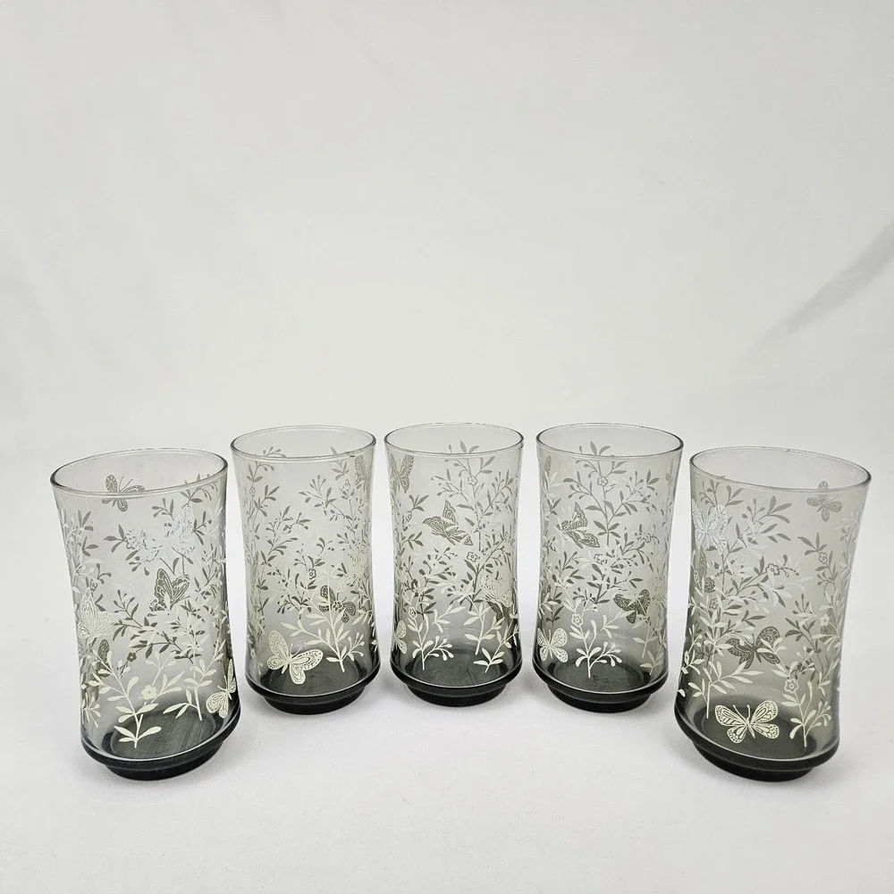 5 Libbey Monarch Butterfly Drinking Glasses Tumblers Smokey Brown MCM Boho Vtg